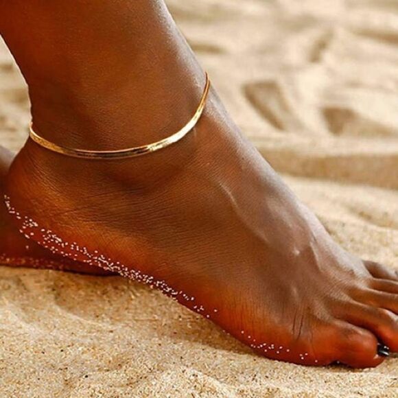18k GP Herringbone/Snake Chain Anklet Bracelet - Picture 1 of 9